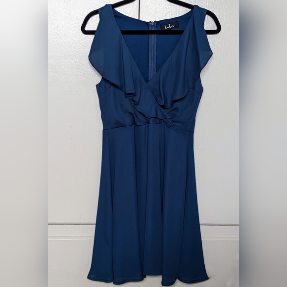Royal Blue Sleeveless Mock Wrap Rufffled Fit & Flare Dress - Size M Lulus - Picture 3 of 9